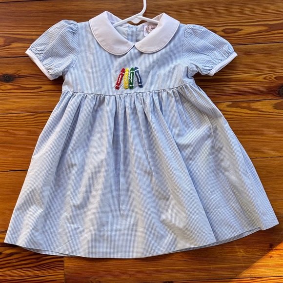 Other - The Smocking Place Adorable Blue Gingham Dress W/Embroidered Crayons Size 4T